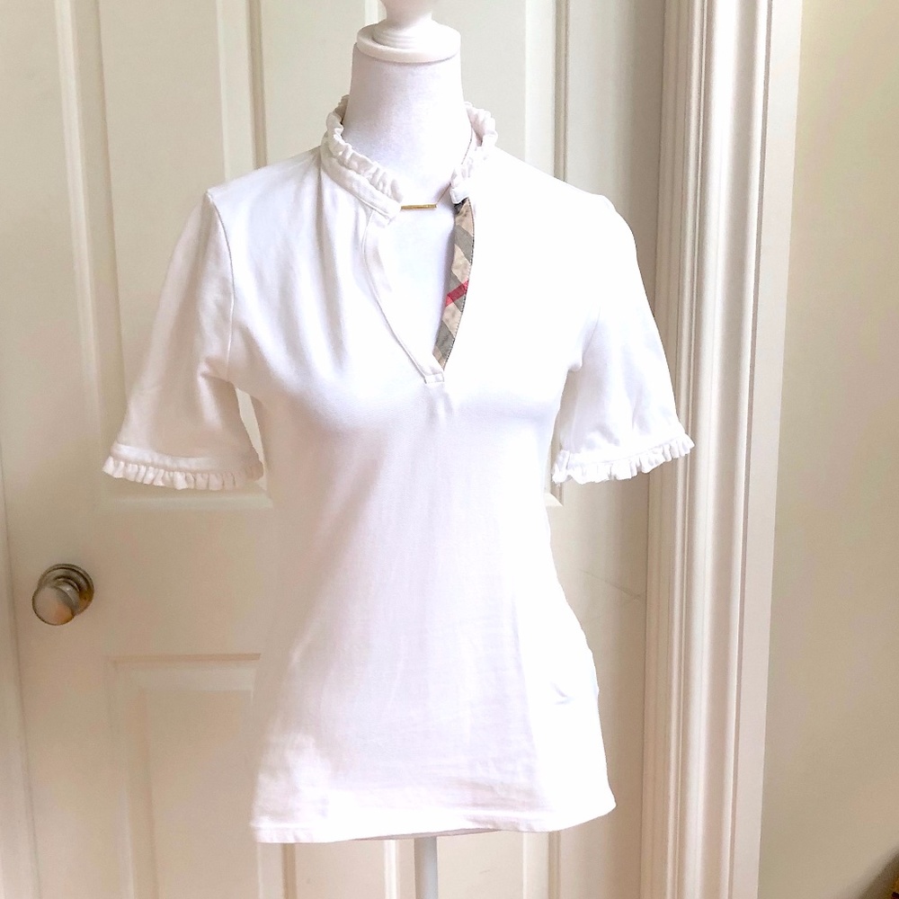 Burberry London White Cotton Blend Polo Shirt w Ruffle Neck & Sleeves (M)
